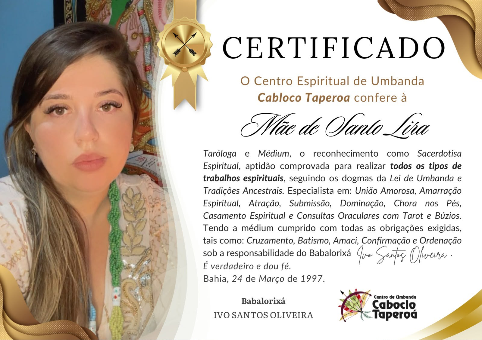 Certificado de Sacerdotisa Espiritual — Centro Caboclo Taperoá