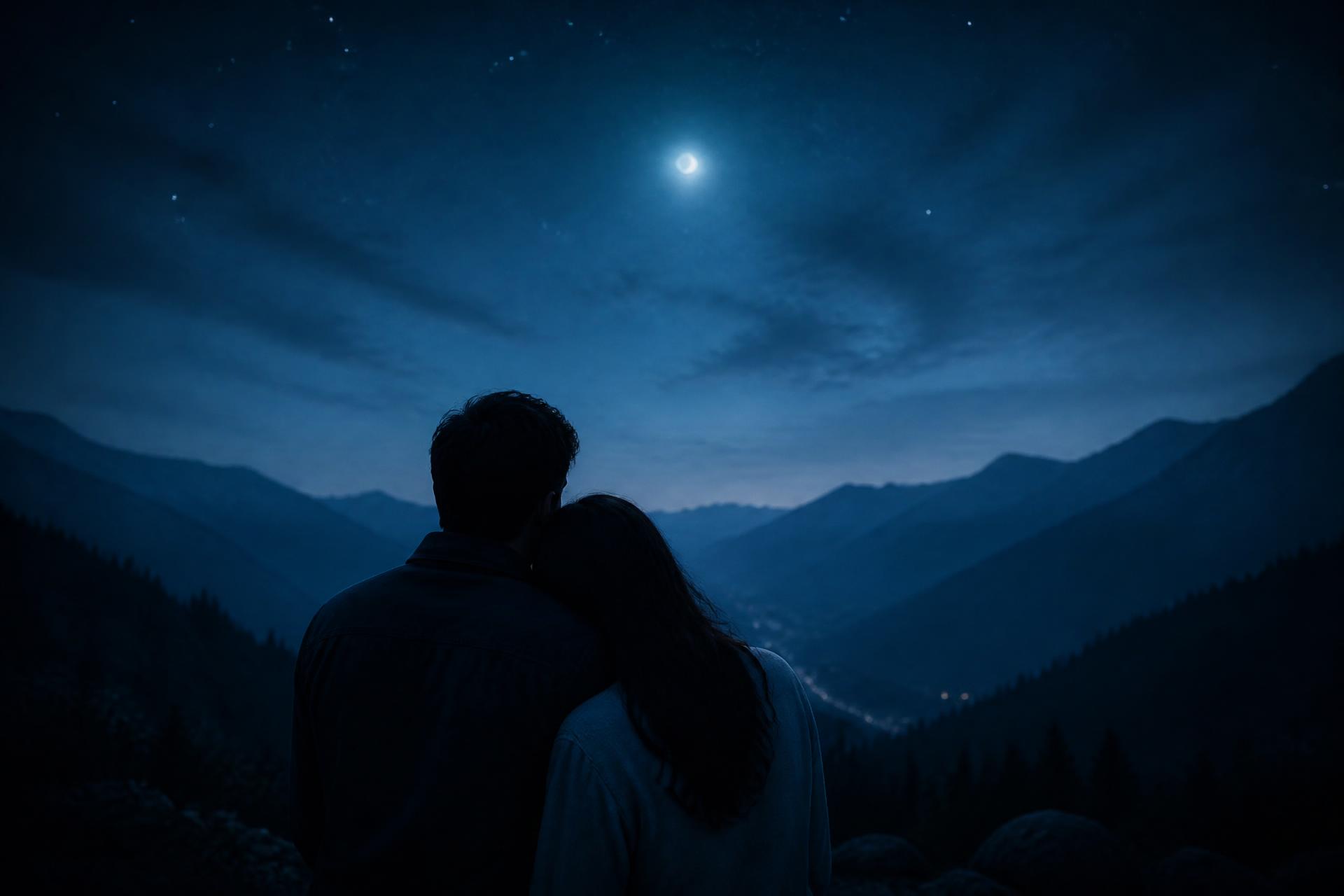 Casal abraçado observando o céu à noite